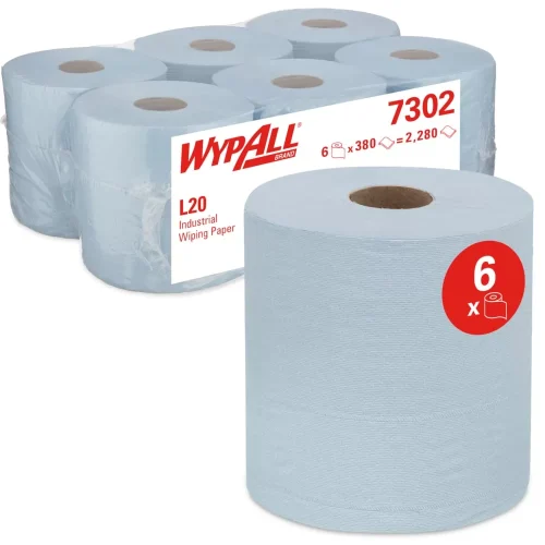 WypAll® Industrial Wiping Paper L20 Centrefeed 7302 - 6 rolls x 380 sheets, 2 ply, blue